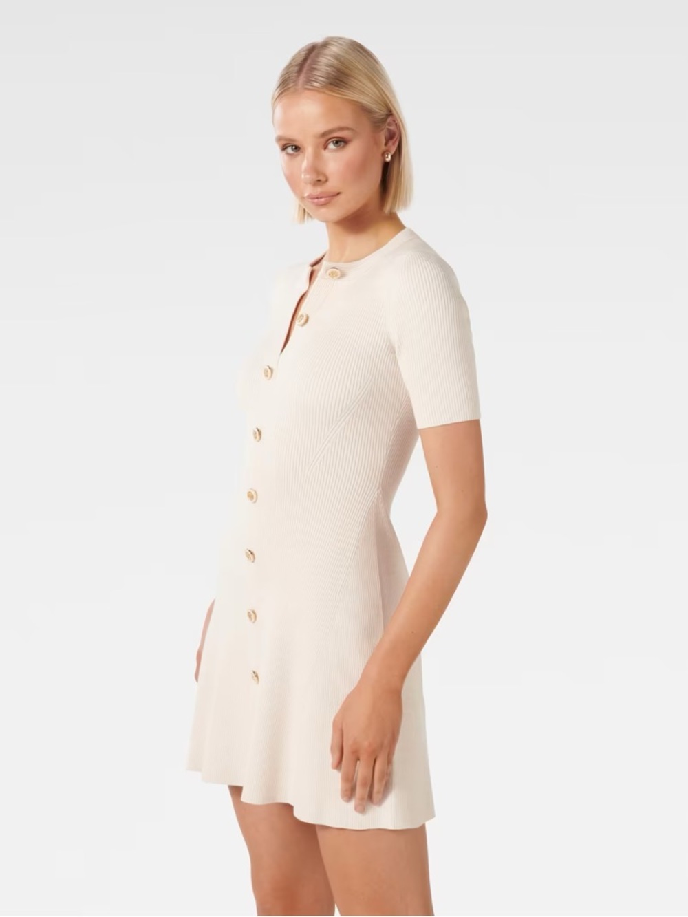 Forever New Cream Button-Front Ribbed Mini Dress